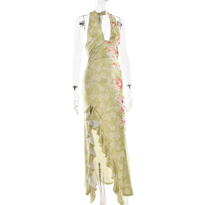Slit ruffle flower print halter ruched mini dress  | Festival Outfits Women