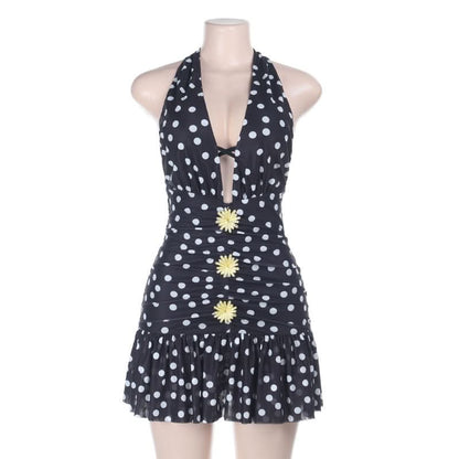 Polka dot halter ruched v neck self tie mini dress  | Festival Outfits Women