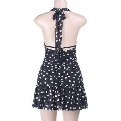 Polka dot halter ruched v neck self tie mini dress  | Festival Outfits Women