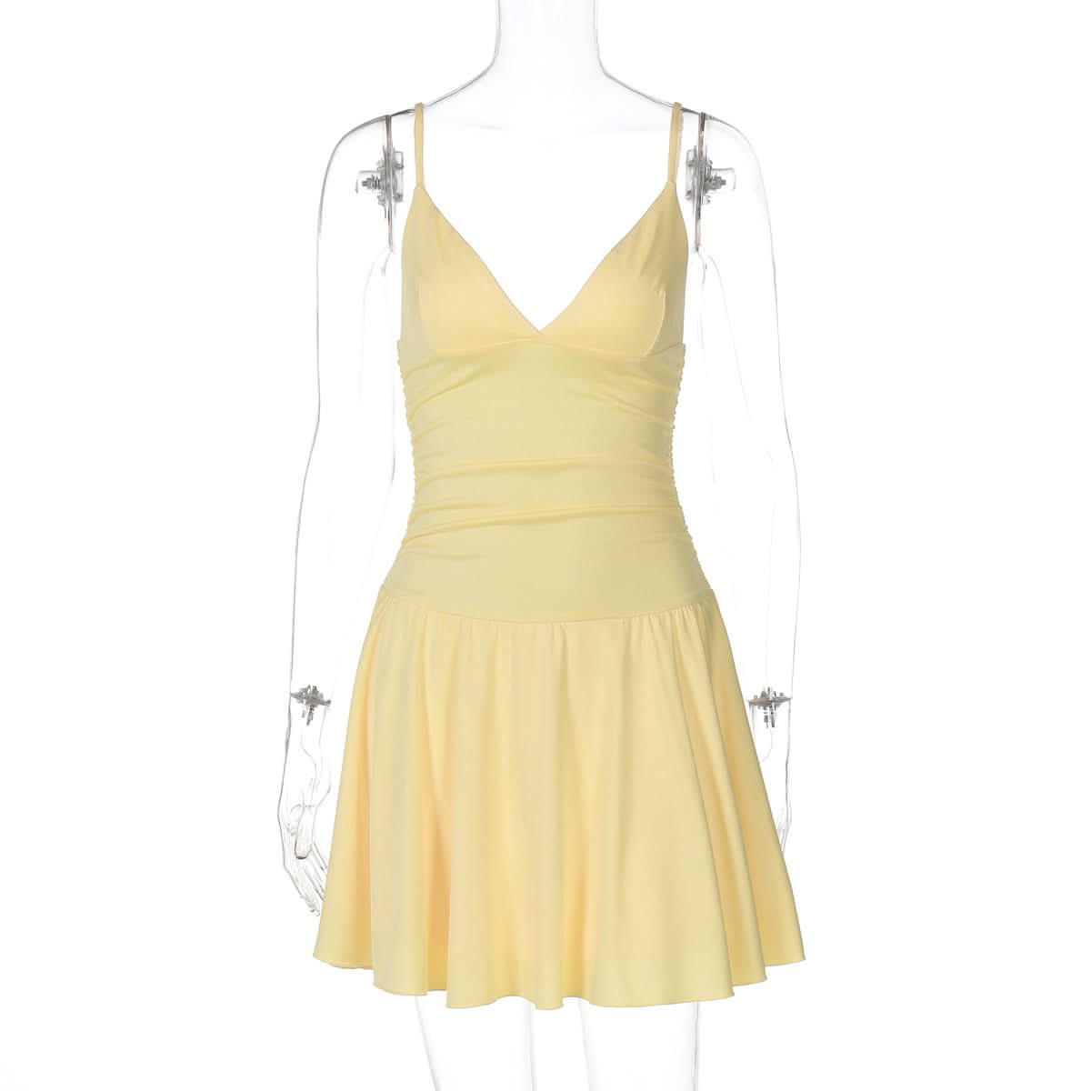 V neck ruched backless cami solid mini dress  | Festival Outfits Women