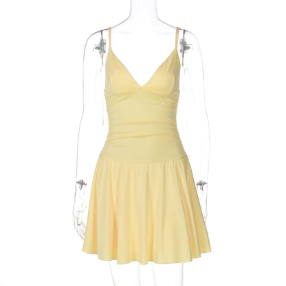 V neck ruched backless cami solid mini dress  | Festival Outfits Women