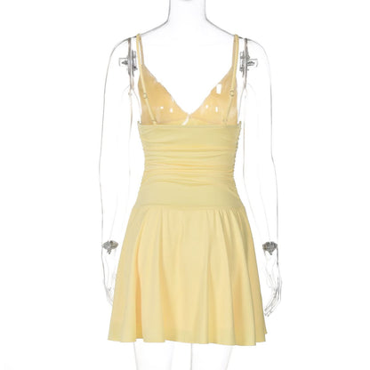 V neck ruched backless cami solid mini dress  | Festival Outfits Women