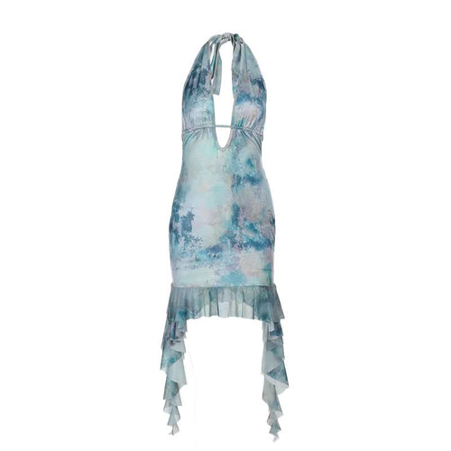 Print halter ruffle v neck self tie mini dress  | Festival Outfits Women