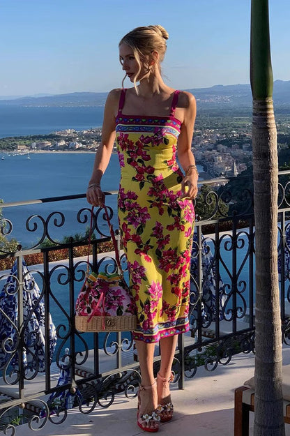 Ethnic Vintage Print Slim Cami Midi Dress