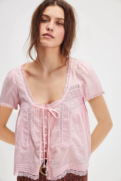 Lace Trimmed Tie Front Blouse
