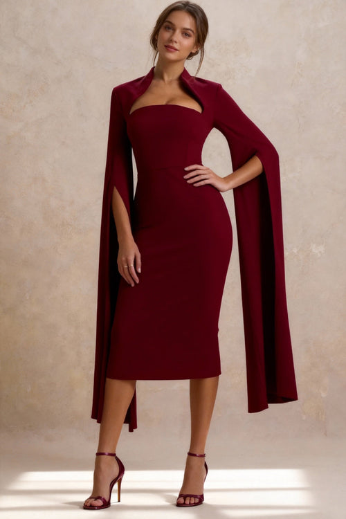Cape Sleeve Slit Bodycon Midi Dress