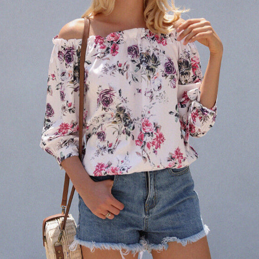 S-XL Women Casual Off-the-shoulder Floral Print Blouse