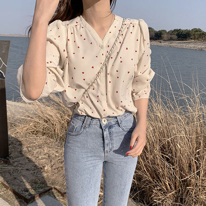 S-XXL Women Casual V Neck Heart-print Blouse