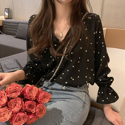 S-XXL Women Casual V Neck Heart-print Blouse