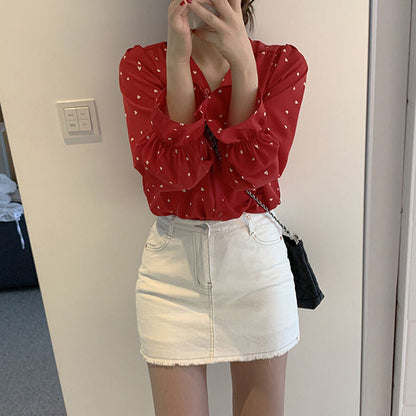 S-XXL Women Casual V Neck Heart-print Blouse