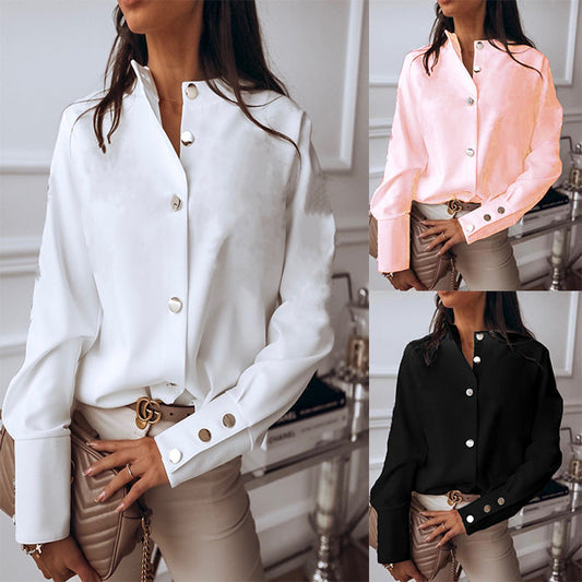 S-3XL Women Casual Single-breasted Plain Blouse