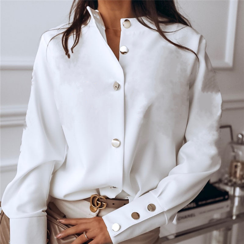 S-3XL Women Casual Single-breasted Plain Blouse