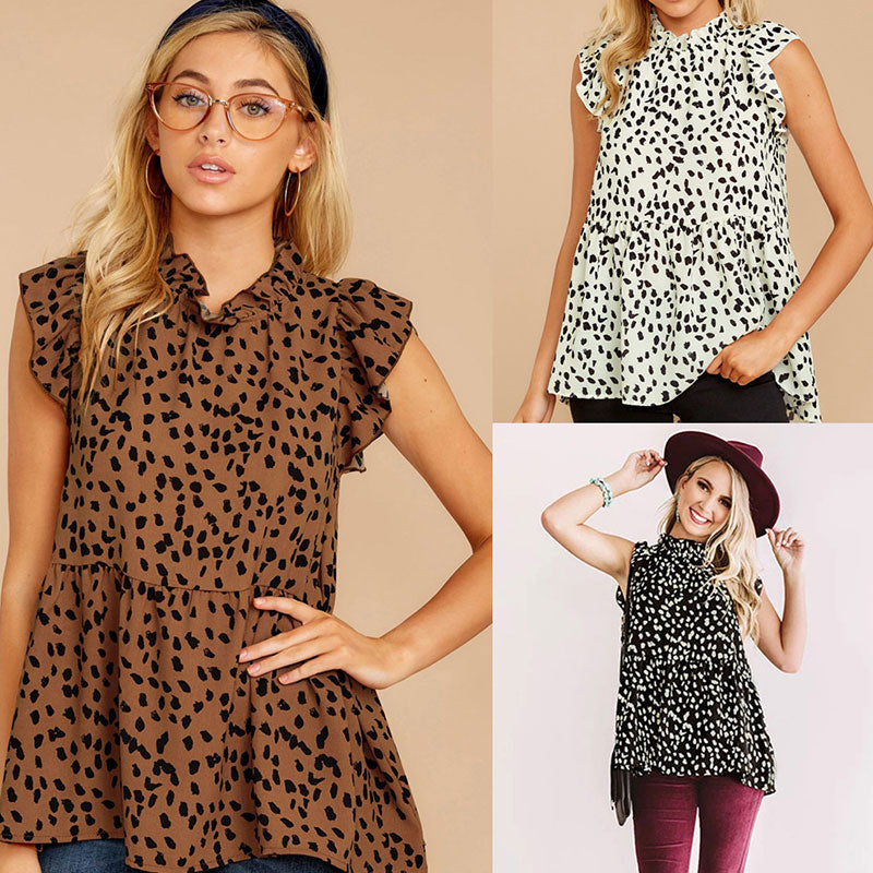Casual Women Fashion Polka Dot Print Ruffled Sleeveless Loose Blouse