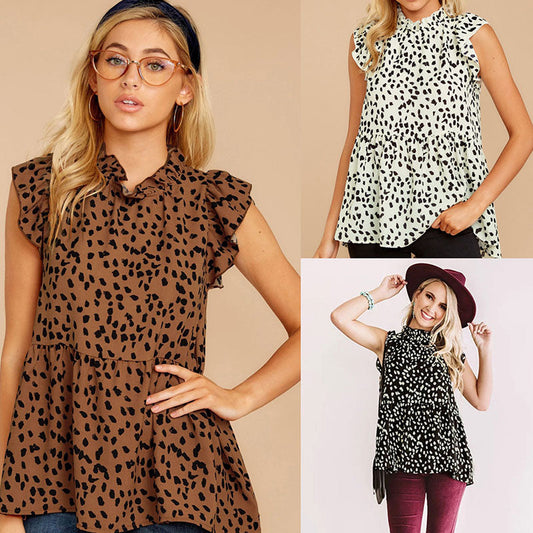 Casual Women Fashion Polka Dot Print Ruffled Sleeveless Loose Blouse