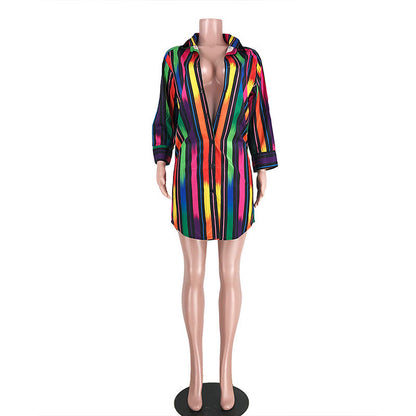 S-XXL Women Rainbow Color Striped Lapel Single Breasted Long Sleeve Casual Blouses