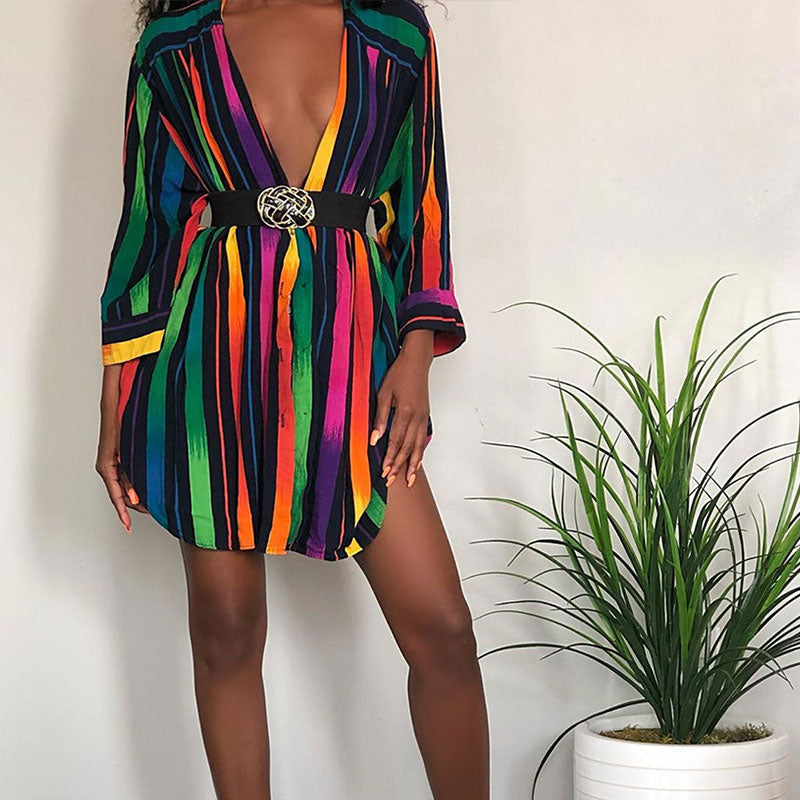 S-XXL Women Rainbow Color Striped Lapel Single Breasted Long Sleeve Casual Blouses