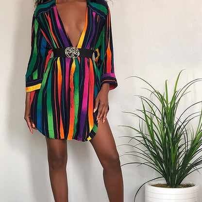 S-XXL Women Rainbow Color Striped Lapel Single Breasted Long Sleeve Casual Blouses