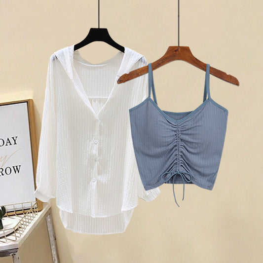 M-4XL Women Casual Solid Color Camisole And Hooded Blouse Two Pieces Set