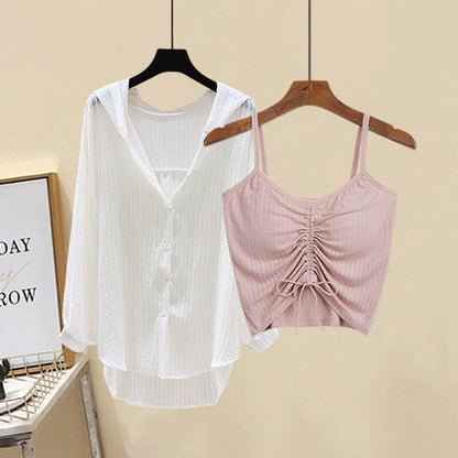 M-4XL Women Casual Solid Color Camisole And Hooded Blouse Two Pieces Set