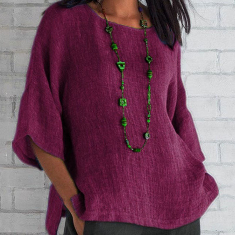 S-5XL Women Casual Solid Color Round Neck Blouse