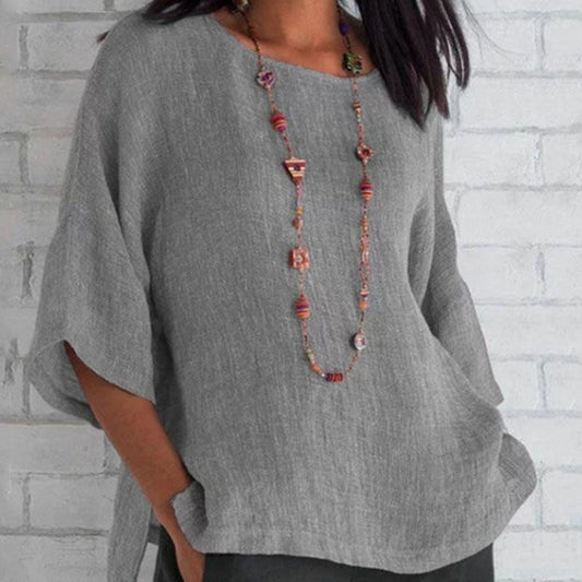 S-5XL Women Casual Solid Color Round Neck Blouse