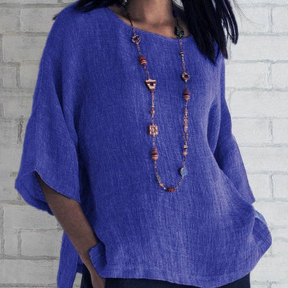 S-5XL Women Casual Solid Color Round Neck Blouse
