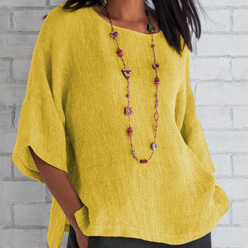S-5XL Women Casual Solid Color Round Neck Blouse