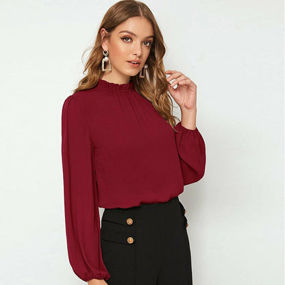 S-XL Women Casual Solid Color Ruffled Blouse