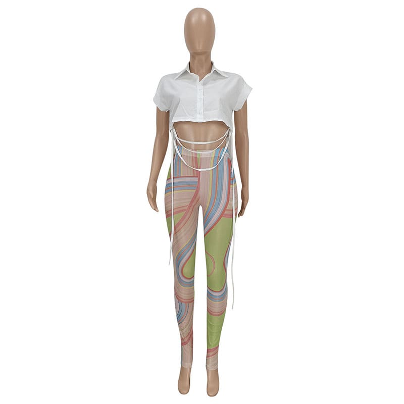 Women Casual Short Sleeve V Neck Solid Color Single-breasted Crop Blouse And Mesh See-through Pants Two-piece Set