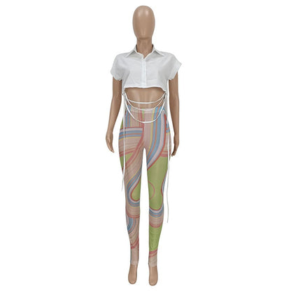 Women Casual Short Sleeve V Neck Solid Color Single-breasted Crop Blouse And Mesh See-through Pants Two-piece Set