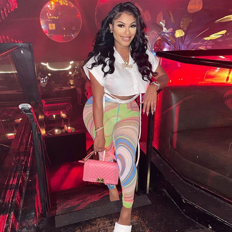 Women Casual Short Sleeve V Neck Solid Color Single-breasted Crop Blouse And Mesh See-through Pants Two-piece Set