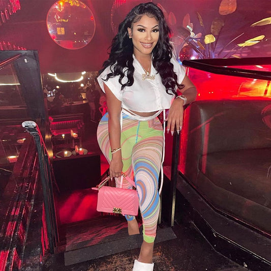 Women Casual Short Sleeve V Neck Solid Color Single-breasted Crop Blouse And Mesh See-through Pants Two-piece Set