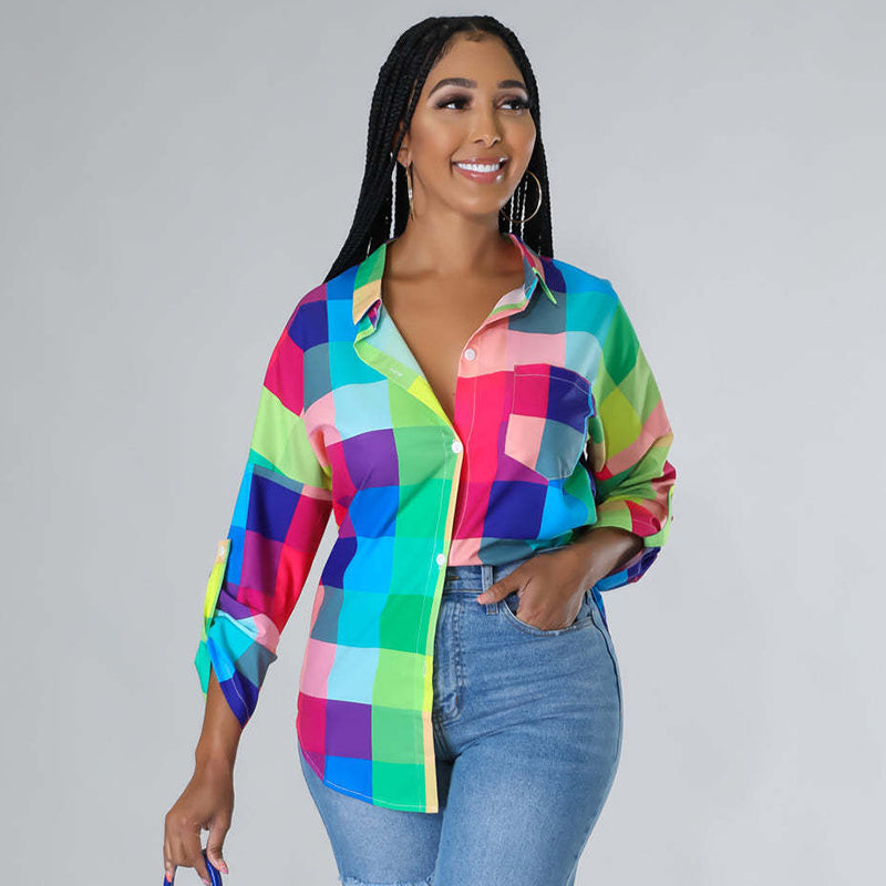 Women Casual Office Summer Lapel Long Sleeve Plaid Printed Blouse