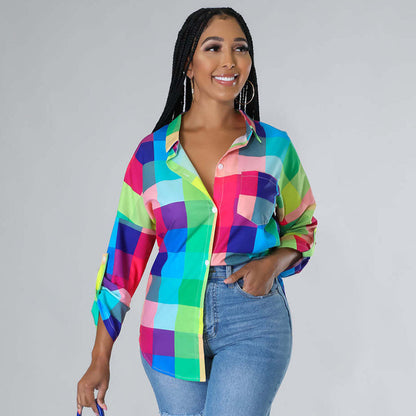 Women Casual Office Summer Lapel Long Sleeve Plaid Printed Blouse