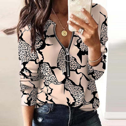 Women Casual Fashion Letter Print Zipper Long Sleeves Blouse
