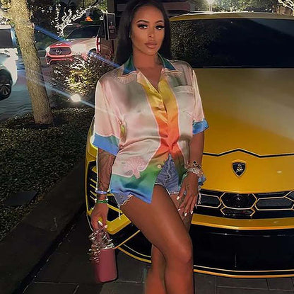 Women Fashion Casual Rainbow Color Gradient Print Short-Sleeved Blouse