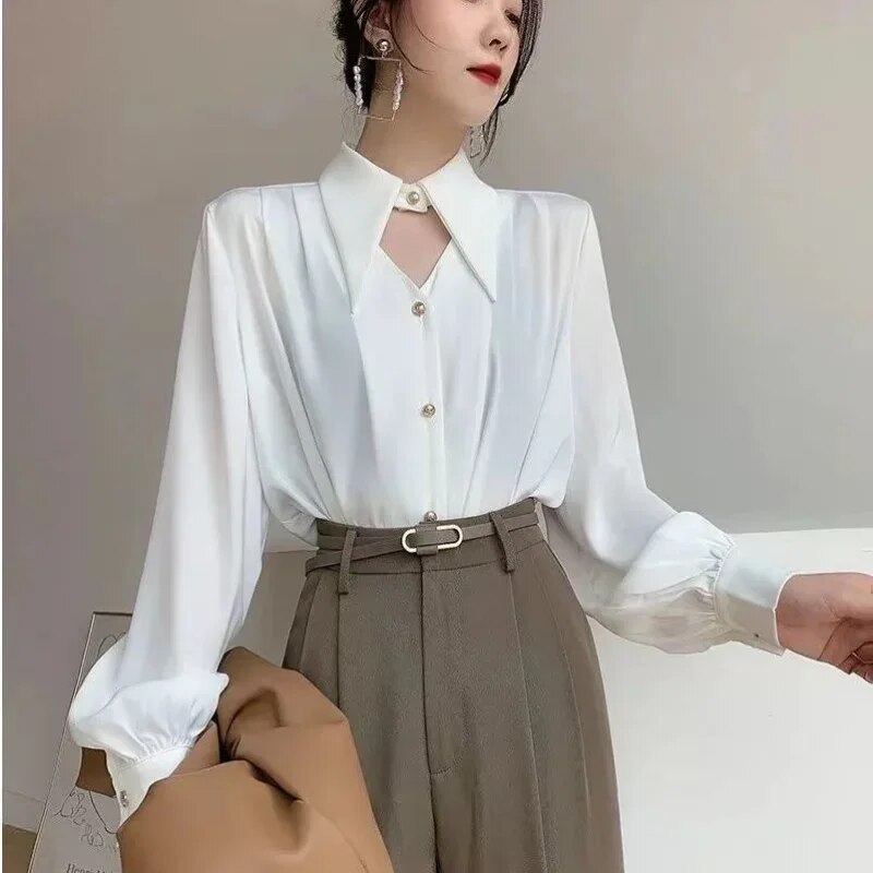 Women's Stylish Turn Down Collar Cut Out Blouse with Buttons | Ideal for Spring/Summer