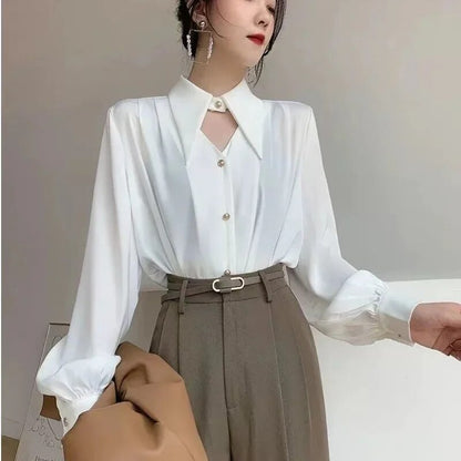 Women's Stylish Turn Down Collar Cut Out Blouse with Buttons | Ideal for Spring/Summer