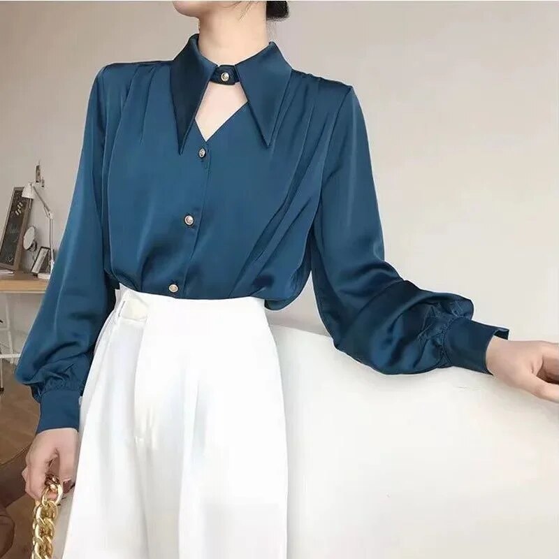 Women's Stylish Turn Down Collar Cut Out Blouse with Buttons | Ideal for Spring/Summer