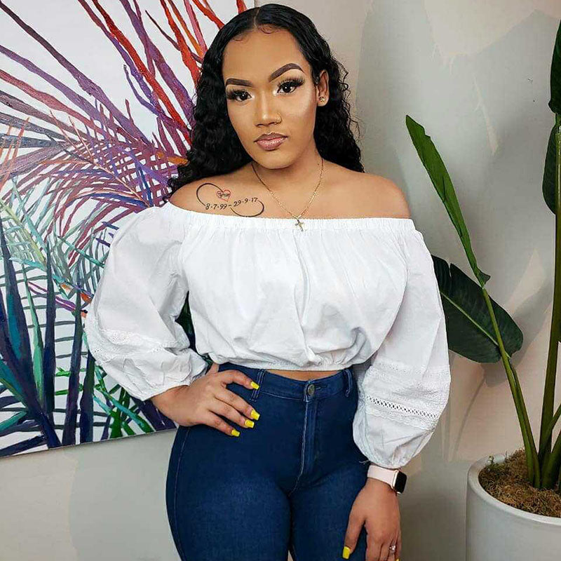 Women Fashion Casual Solid Color Off-Shoulder Long Sleeve Crop Blouse