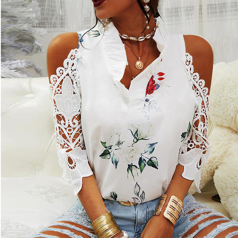 Summer Women Casual Floral Print Cool-Shoulder Lace Patchwork Long-Sleeved Blouse