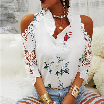 Summer Women Casual Floral Print Cool-Shoulder Lace Patchwork Long-Sleeved Blouse