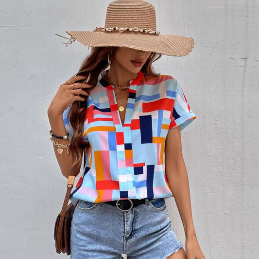 Women Fashion Plaid Print V-Neck Short-Sleeved Casual Blouses