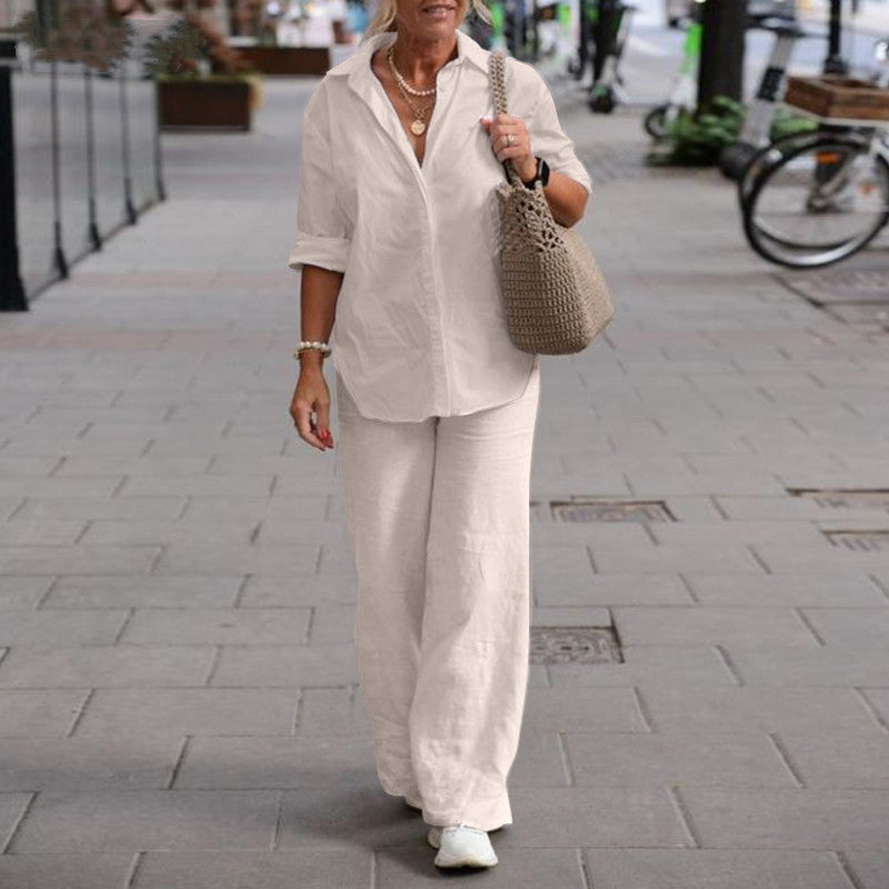 Women Fashion Casual Lapel Long-Sleeved Blouse Solid Color Pants Wide-Leg Set