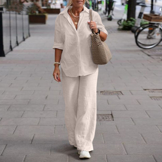 Women Fashion Casual Lapel Long-Sleeved Blouse Solid Color Pants Wide-Leg Set