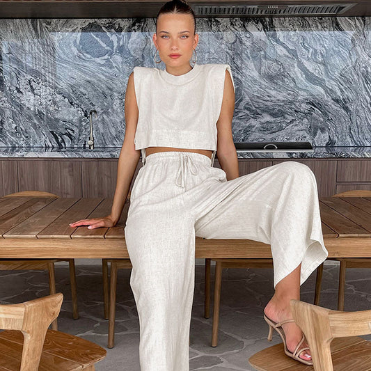 Women Casual Fashion Solid Color Cotton Linen Sleeveless Blouse And Pants Vacation Set