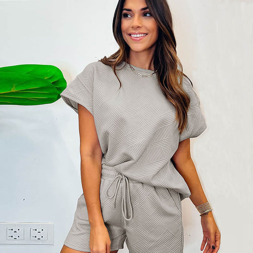 Women Fashion Casual Solid Color Plaid Short Sleeve Blouse And Shorts Set