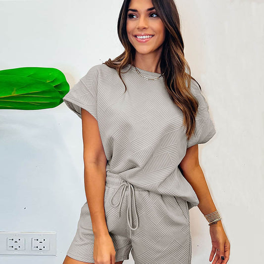 Women Fashion Casual Solid Color Plaid Short Sleeve Blouse And Shorts Set