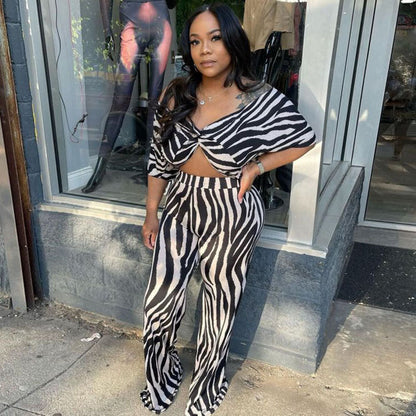 Women Casual Elegant Office Chic Zebra Short Sleeve Crop Blouse And Wide Leg Pants