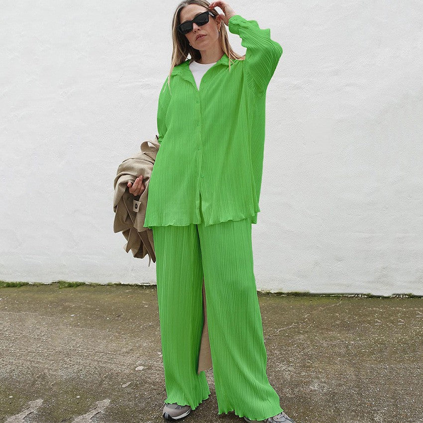 Women Casual Athleisure Long-sleeved Loose Creased Single-breasted Blouse And Solid Color Wide-leg Pants Two-piece Set